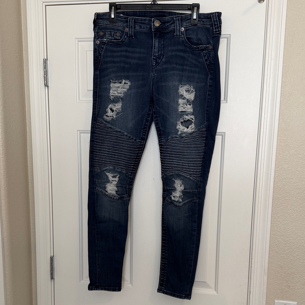 True Religion Dark Wash Distressed Skinny Jeans, Size 34